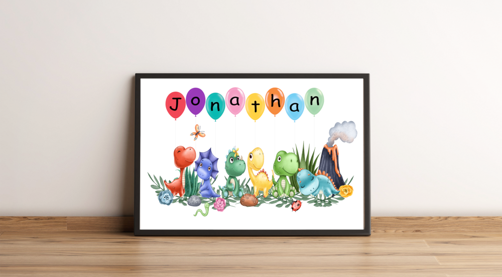 Dinosaur Balloon Name Print, Letter Art Custom Print